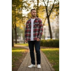 Pendleton Mens Vintage Wool Board Shirt Red Grey Plaid Flannel USA Medium